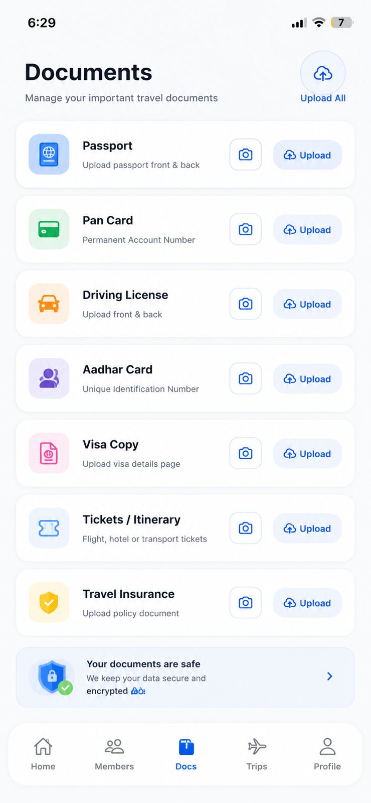 Documents screen — passport, PAN, driving licence, Aadhar, visa, tickets and insurance