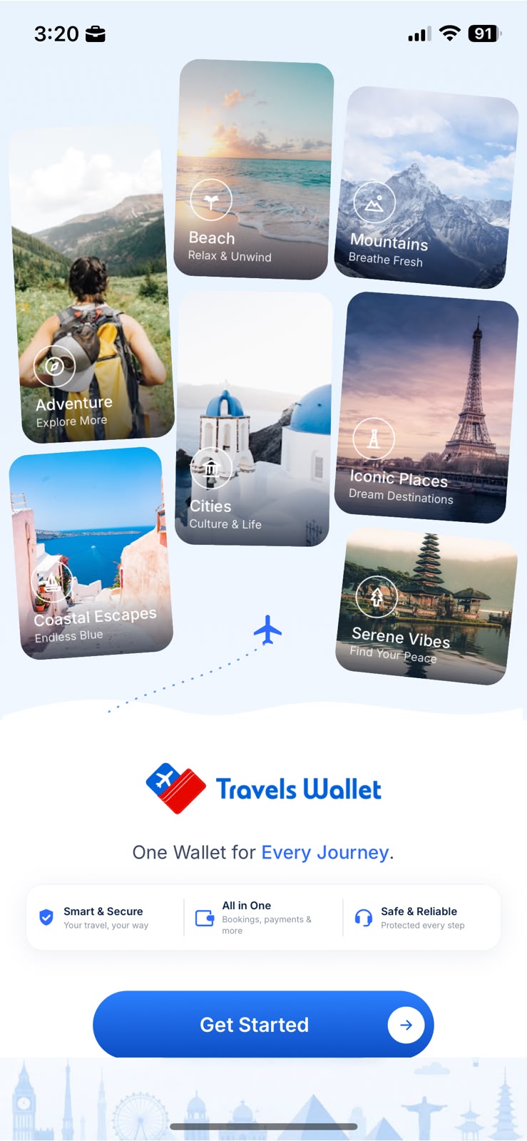 Travels Wallet welcome screen with travel categories and Get Started button