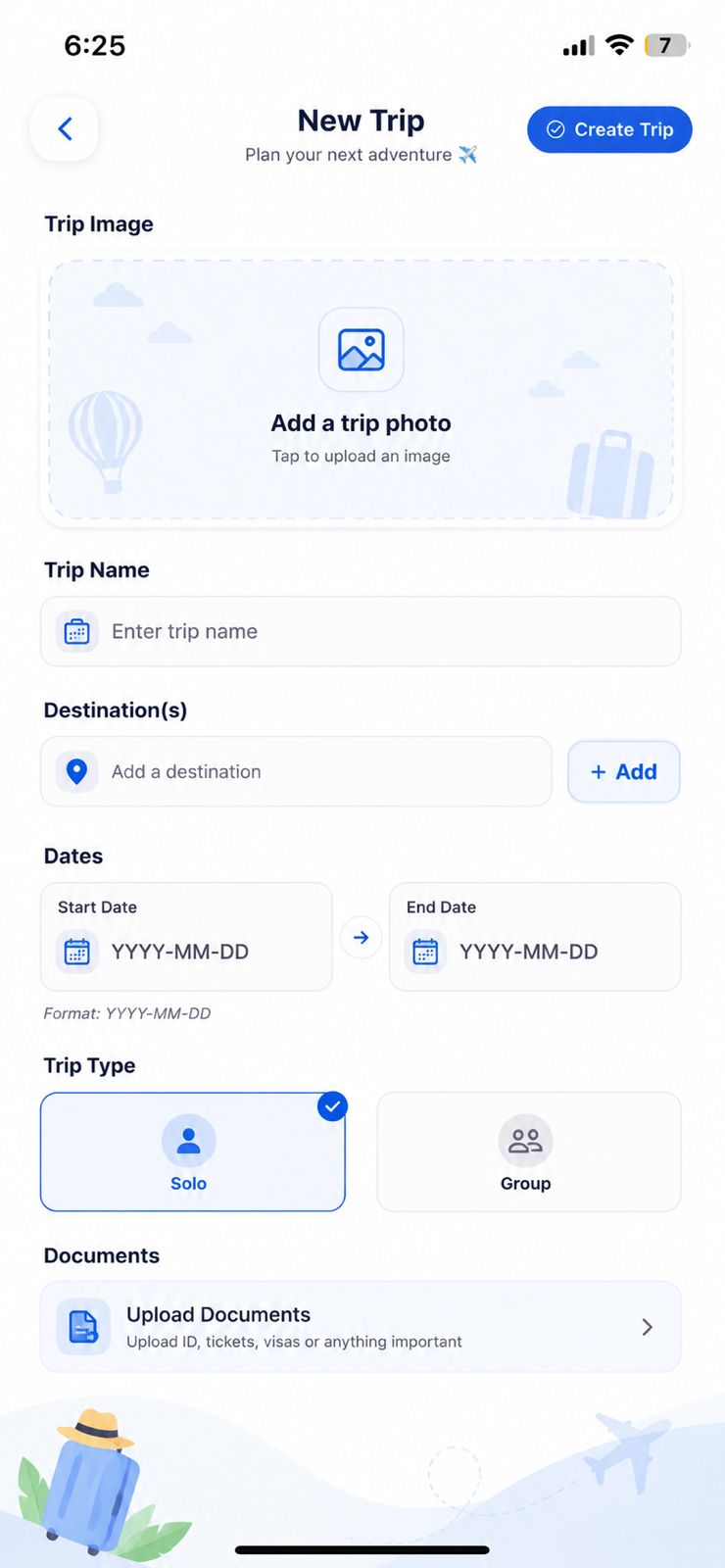 Create a new personal or group trip in Travels Wallet