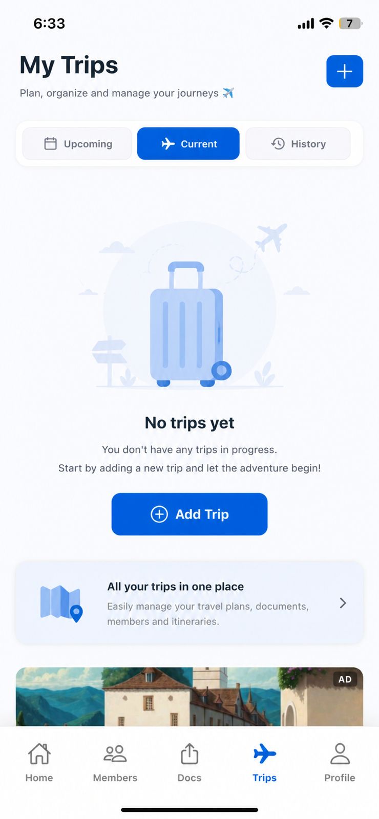 My Trips screen — plan, organize and manage journeys inside Travels Wallet